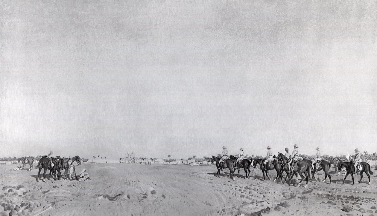 Eine Patrouille der 14. Husaren mit dem kommandierenden Offizier Oberstleutnant R.W. Hewitt DSO nähert sich zur Kapitulation der Türken bei der Kapitulation von Kazimain, 11. März 1917, veröffentlicht ca. 1918 (Fotolitho) von English School