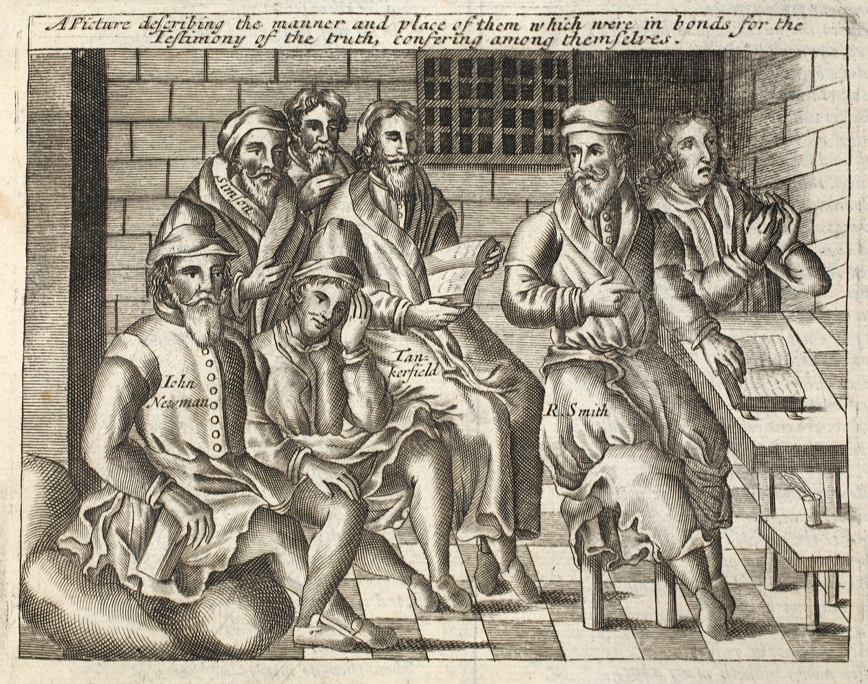 Ein Bild, das die Art und den Ort derjenigen beschreibt, die wegen des Zeugnisses der Wahrheit in Fesseln waren und untereinander konferierten, Illustration aus Acts and Monuments von John Foxe, neunte Ausgabe, veröffentlicht 1684 von English School