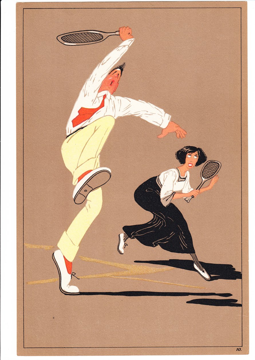 Ein Druck von zwei Tennisspielern in komischen und humorvollen Posen, ca. 1920 von English School