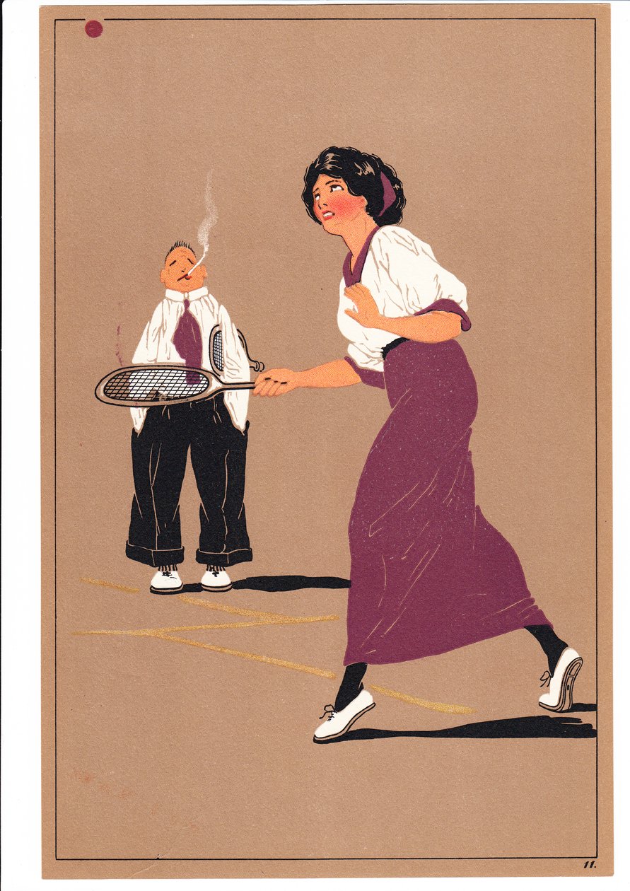 Ein Druck von zwei Tennisspielern in komischen und humorvollen Posen, ca. 1920 von English School