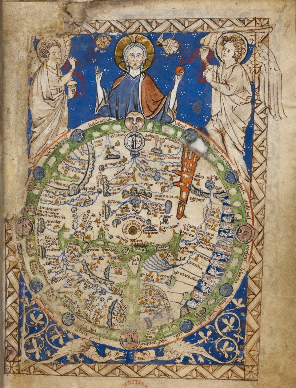 Eine runde Weltkarte, in einem quadratischen Zierrahmen, Jerusalem im Zentrum, mit einer Zone der Winde, Figuren von Bewohnern usw. von English School
