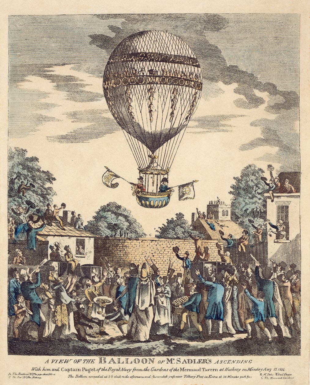 Ansicht des Ballons von Herrn Sadler und Kapitän Paget der Royal Navy, aufsteigend aus den Gärten der Mermaid Tavern in Hackney am Montag, 12. August von English School