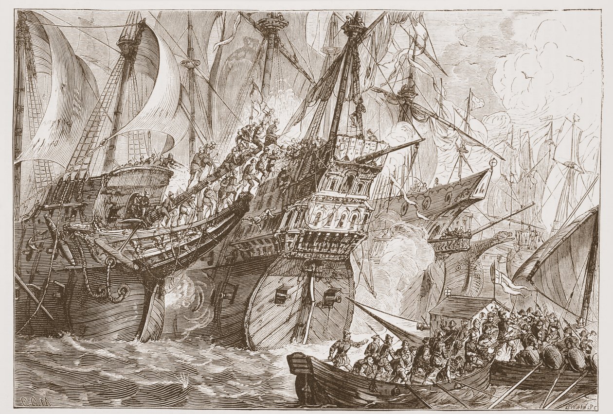 Kampf zwischen der spanischen Flotte und den Schiffen der Wassergeusen, Illustration aus The History of Protestantism von James Aitken Wylie, veröffentlicht 1878 von English School