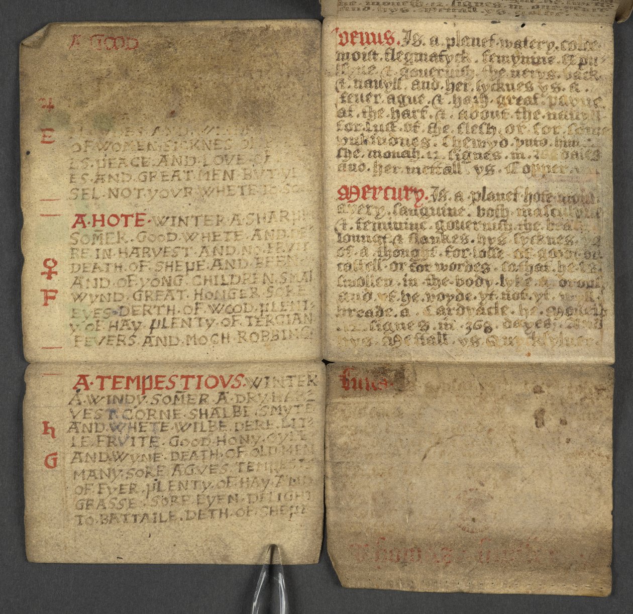 Almanach, enthält Tabelle der Sonntagsbuchstaben und goldenen Zahlen; Anweisungen zur Bestimmung der beweglichen Feste; Kalender der Heiligen, Epochen, Liste der englischen Herrscher, Wetterprognosen, Einfluss der Tierkreiszeichen von English School