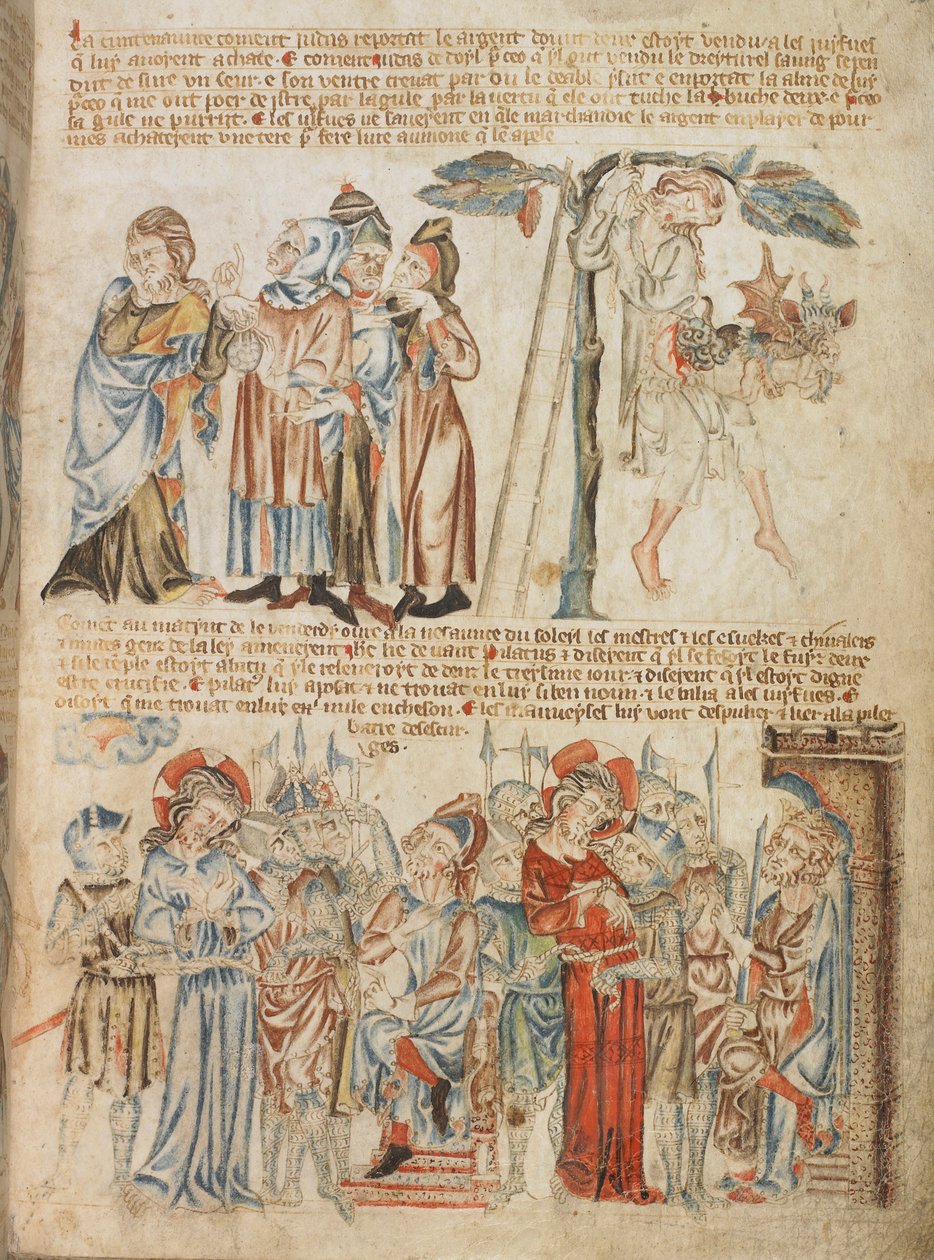 Judas gibt die dreißig Silberlinge zurück; der Tod des Judas; Christus vor Pilatus und vor Herodes, aus dem Holkham Bible Picture Book, ca. 1320-30 von English School