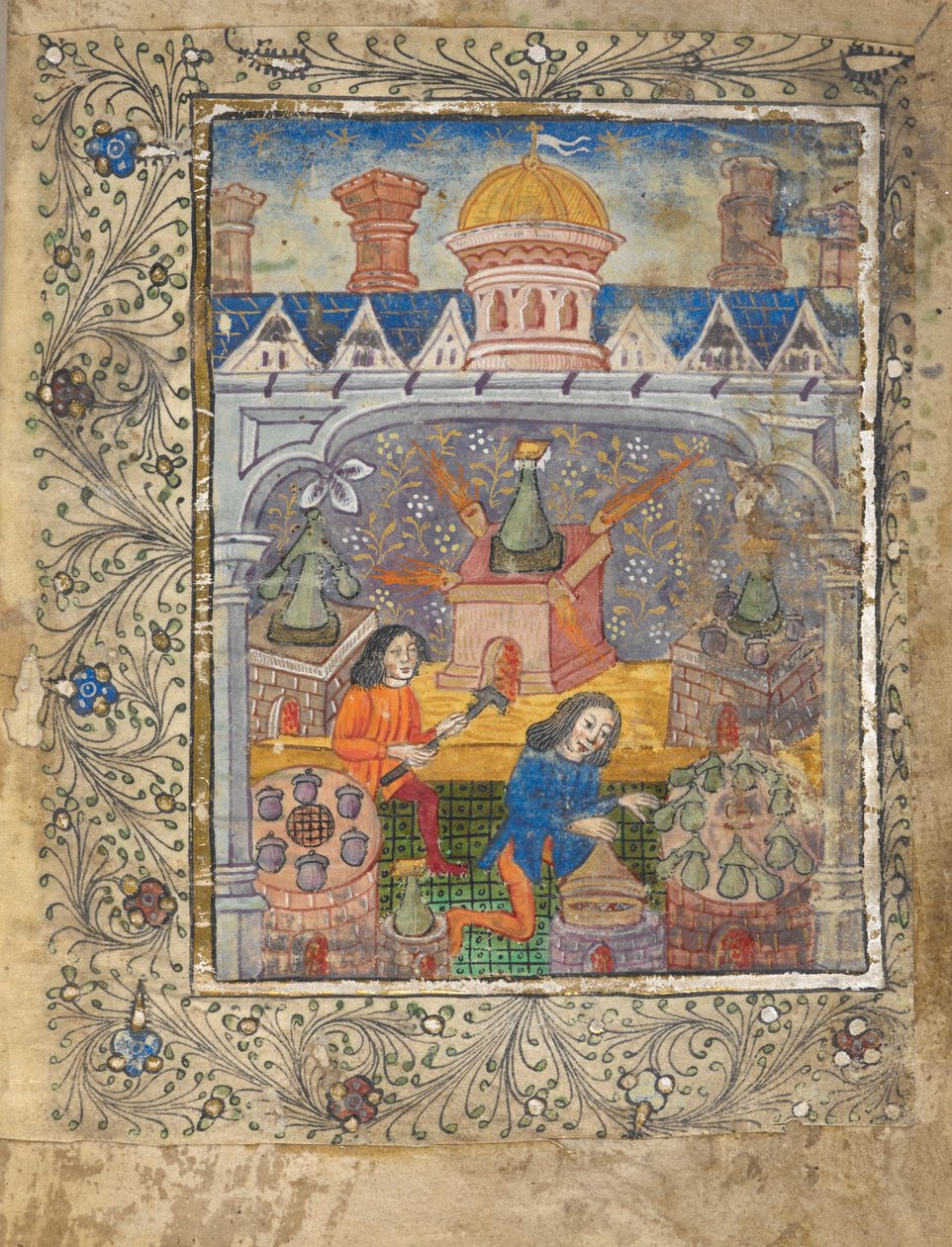 Sieben Öfen mit Destillierapparaten, die von zwei Männern bedient werden, unter einem Dach mit Kuppel und Schornsteinen, ca. 1477 von English School