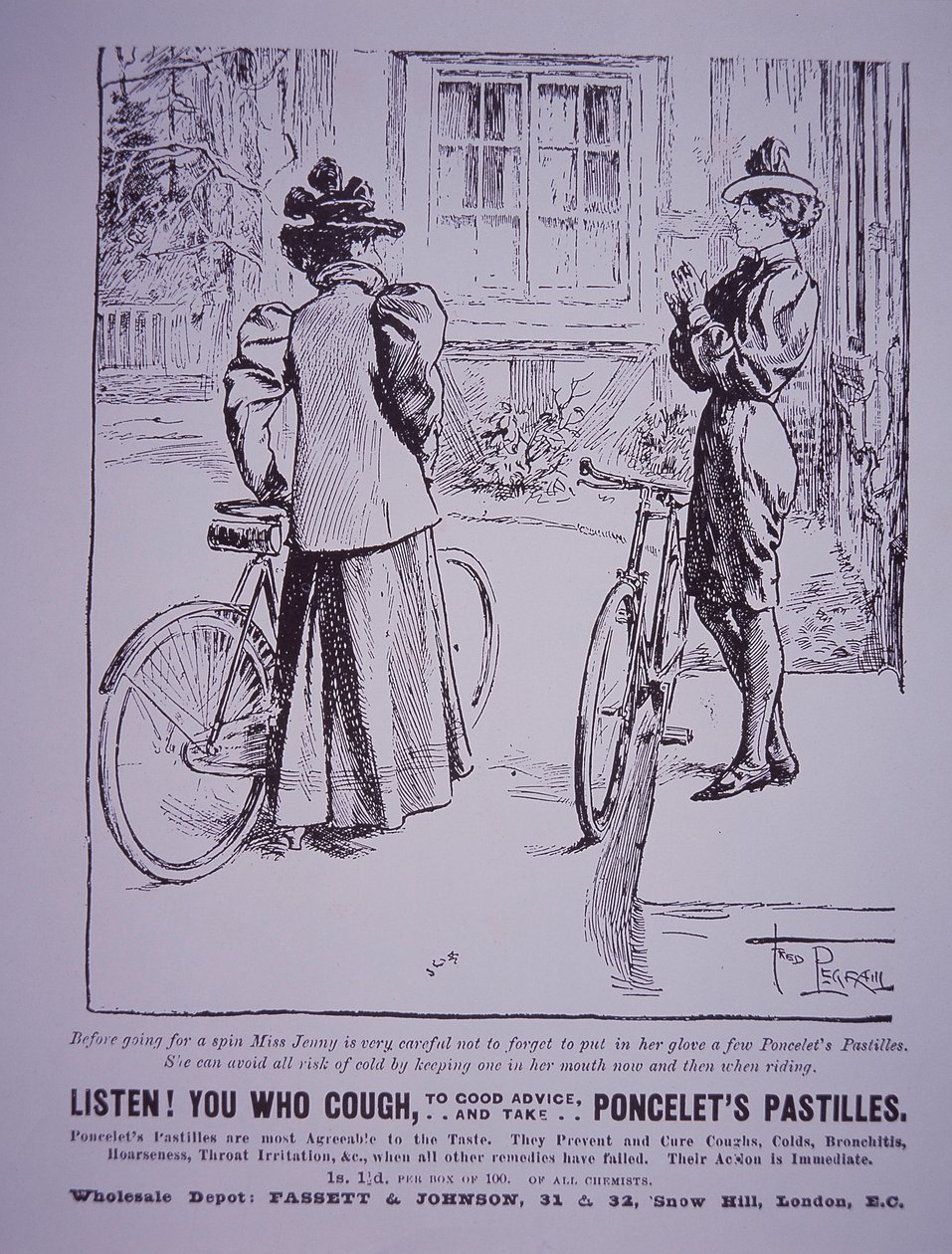 Werbung für Poncelets Pastillen mit Radfahrerinnen, eine trägt Knickerbocker von English School