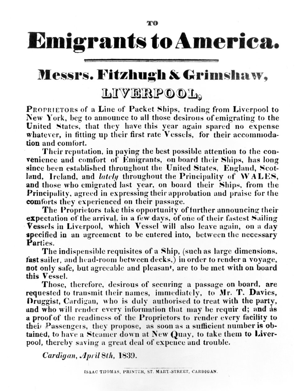 Werbung für Paketboote nach Amerika, 1839 von English School