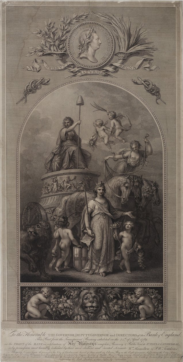 Allegorie der Stadt London mit Staatsschwert und Stadtcharta (Lithographie) von English School