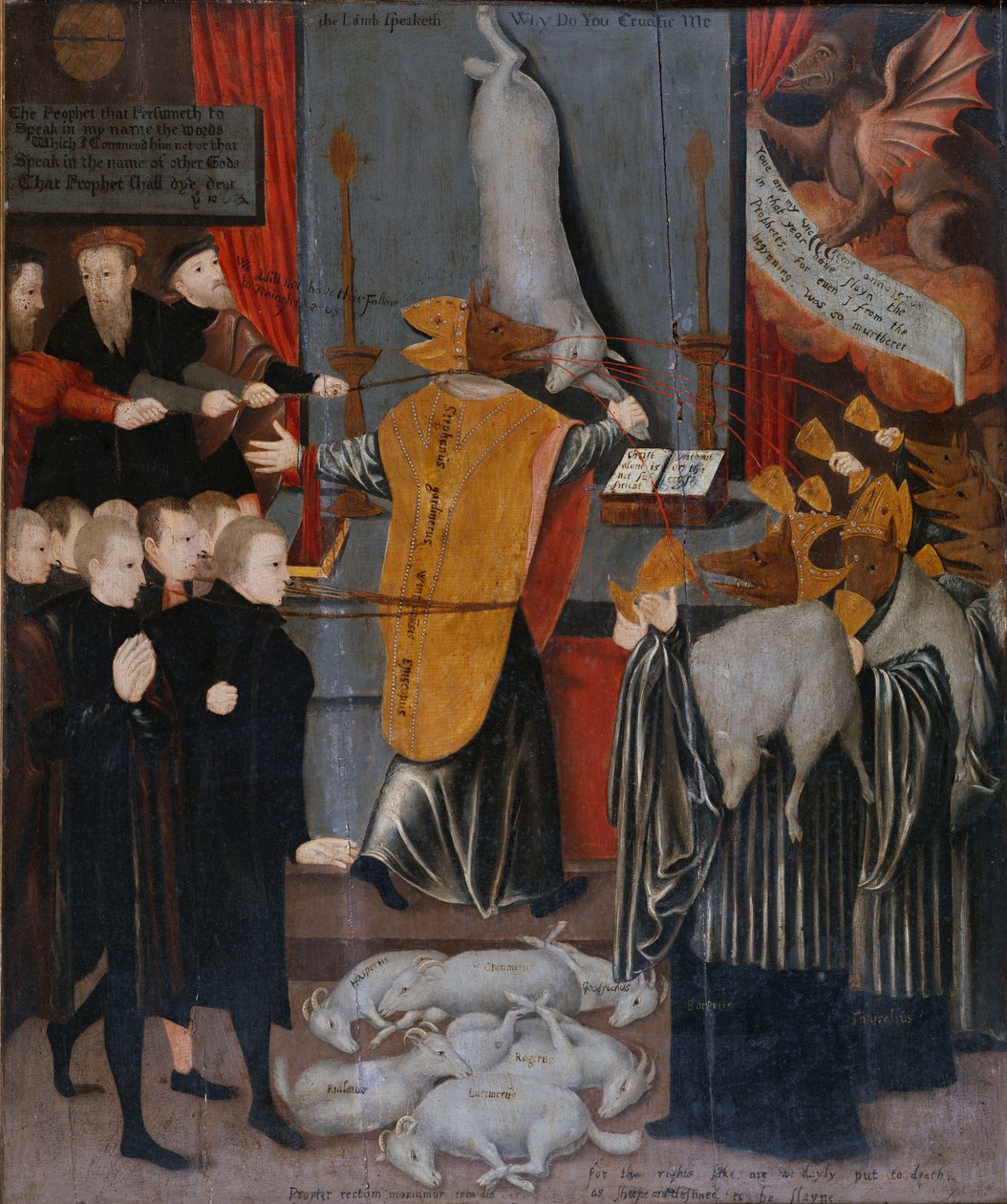 Eine antikatholische Allegorie mit Porträts von Stephen Gardiner, dem Bischof von Winchester, und den Bischöfen Bonner und Tunstall als Wölfe, und mit den Körpern von Hooper, Cranmer, Goodrich, Ridley Latimer und Rogers als Lämmer, ca. 1555 von English School
