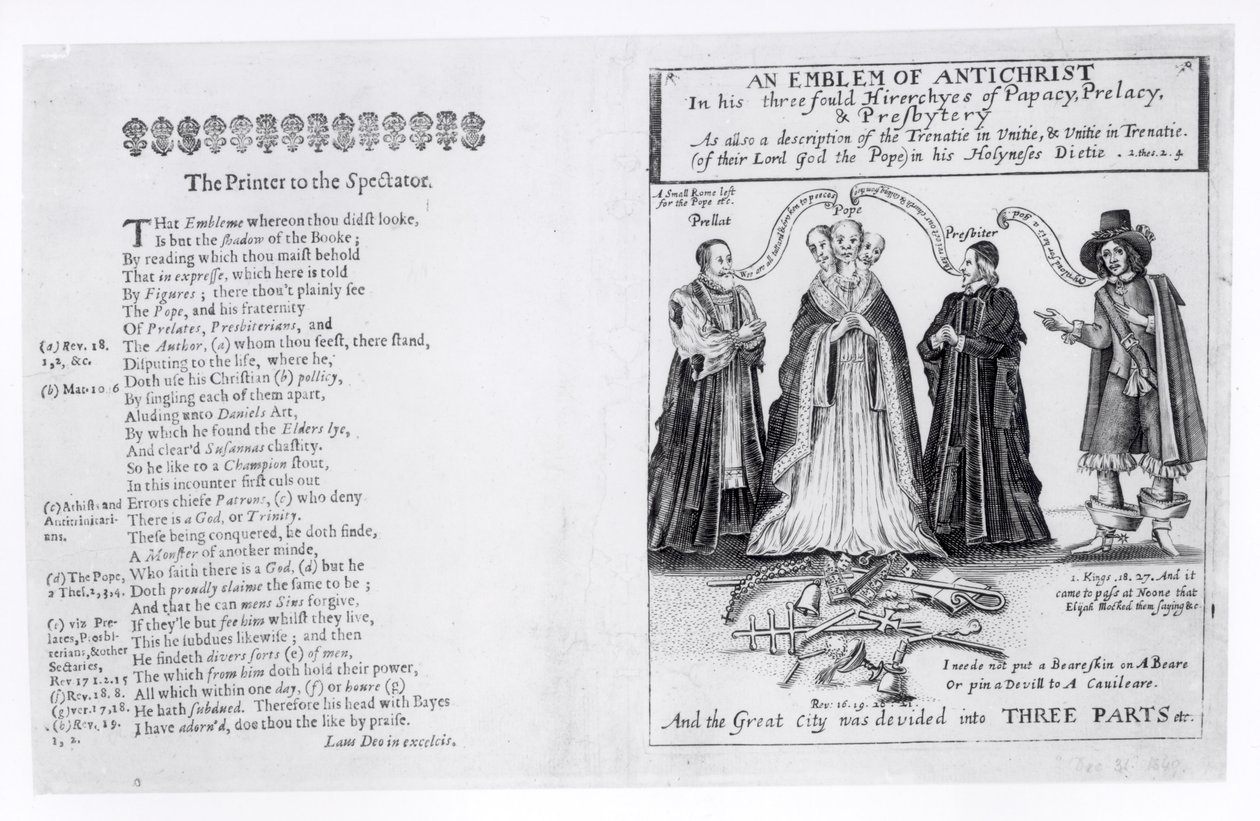 Ein Emblem des Antichristen in seinen dreifachen Hierarchien von Papsttum, Prälatur und Presbyterium, 1649 von English School