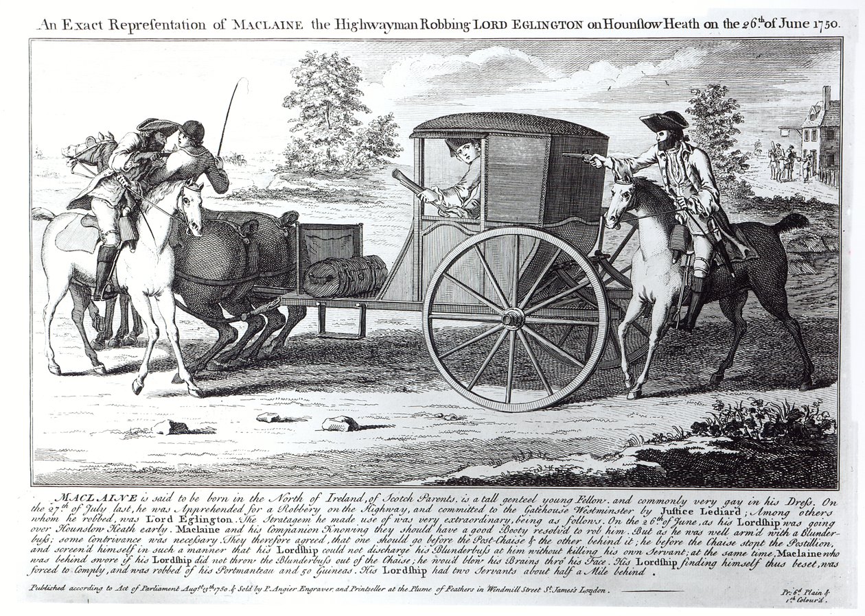 Eine genaue Darstellung des Straßenräubers Maclaine, der Lord Eglington auf dem Hounslow Heath am 26. Juni 1750 ausraubt von English School
