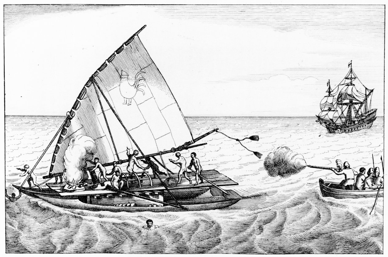 Ein Vorfall während der Weltumsegelung von Le Maire und Schouten 1615-16, aus Band II der Chronological History of the Voyages and Discoveries in the South Sea von English School