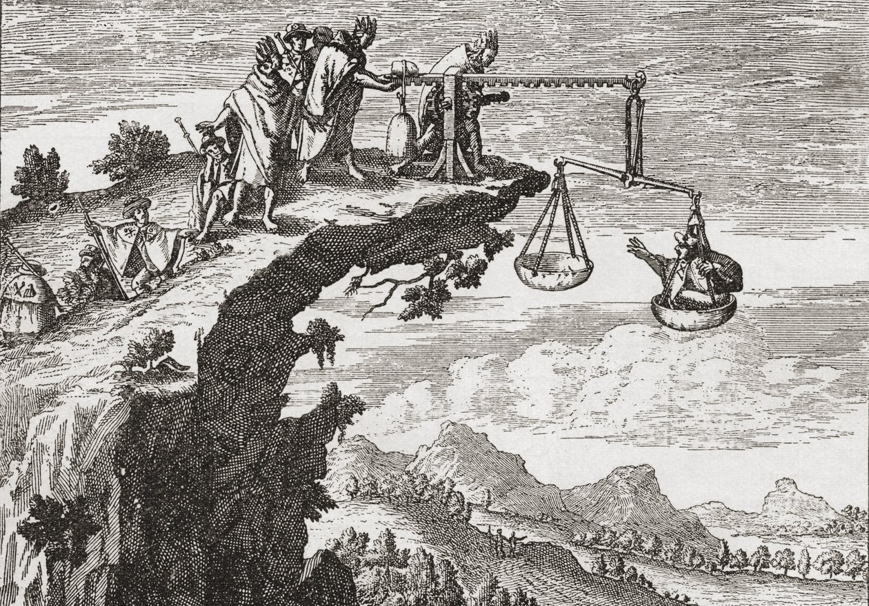 Eine ungewöhnliche Methode, Geständnisse von Kriminellen zu erpressen, nach einer Zeichnung von Theodorus de Bry aus dem 16. Jahrhundert von English School