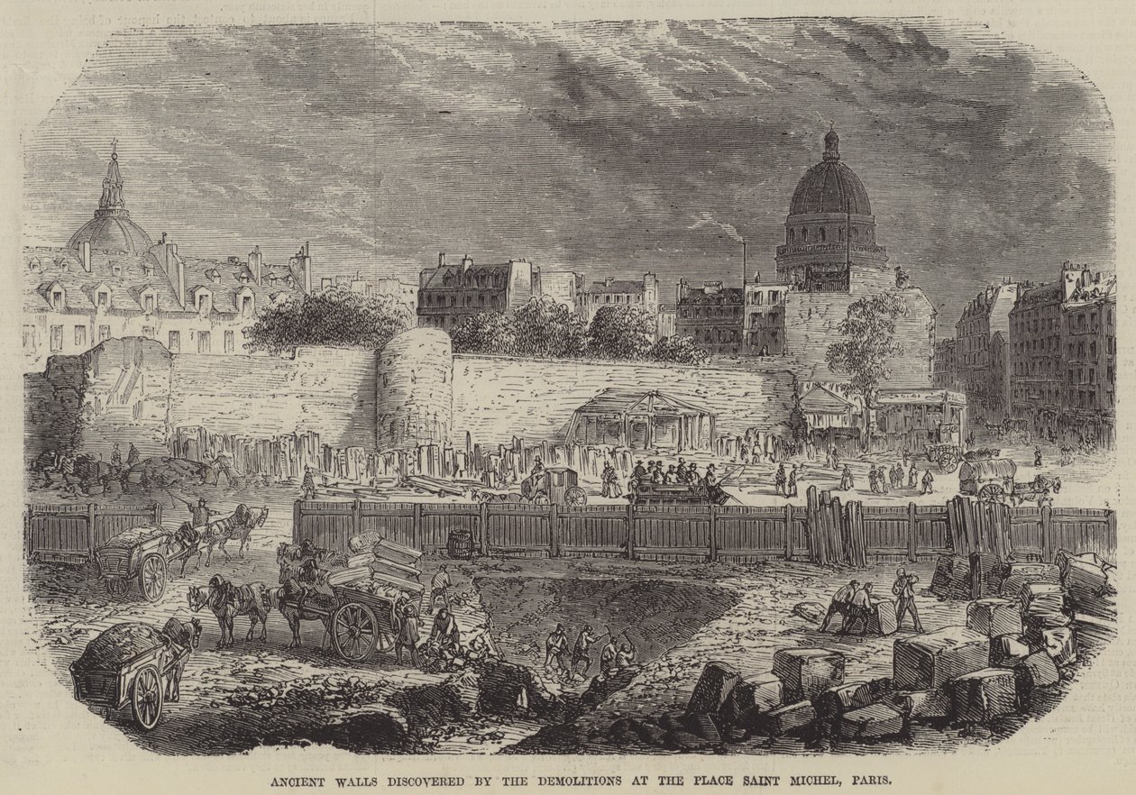 Alte Mauern entdeckt durch die Abrisse am Place Saint Michel, Paris (Gravur) von English School