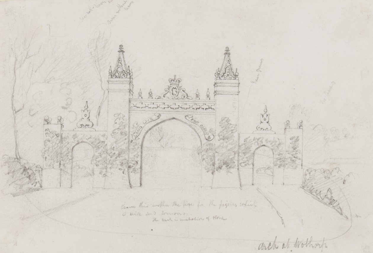 Bogen in Wothorp, Cambridgeshire, errichtet zur Begrüßung von Königin Victoria und Prinz Albert auf dem Weg nach Burghley House von English School