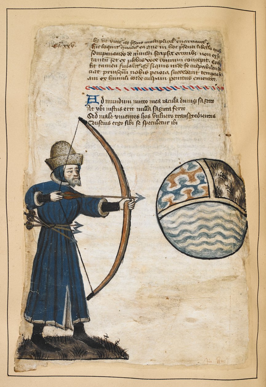 Bogenschütze (John Gower?) schießt Pfeile auf die Welt, um die Bösen zu treffen, Illustration aus 