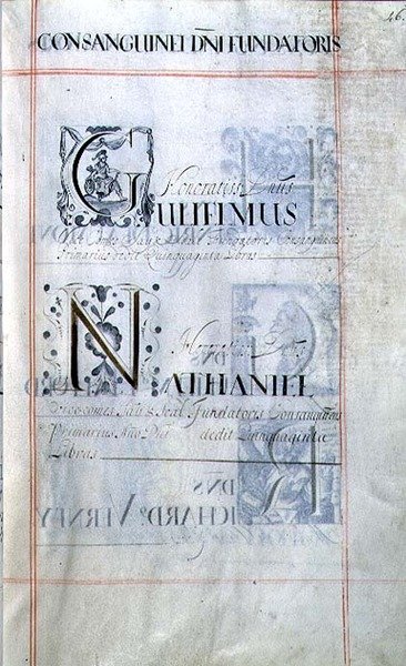 Archiv 3693 f.46 Seite mit drei Wohltätern des New College, Oxford: Gulielmus, Nathaniel, aus einem Benefizbuch von English School