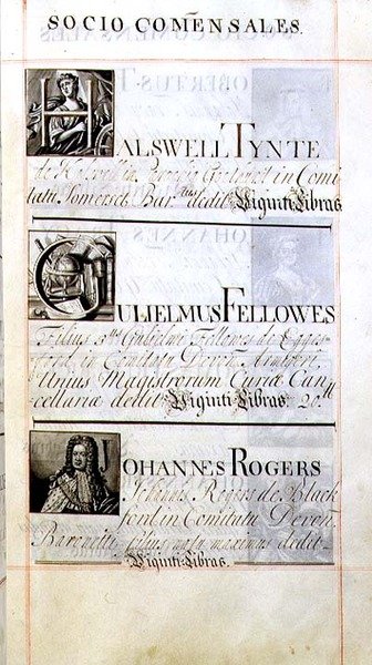 Seite mit drei Wohltätern des New College, Oxford; Halswell Tynte, Gulielmus Fellowes und Johannes Rogers, aus einem Benefizbuch von English School