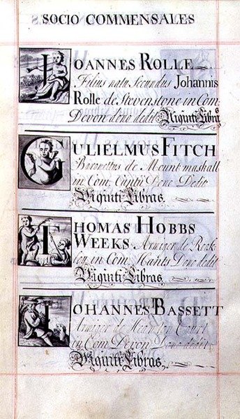 Seite mit vier Wohltätern des New College, Oxford; Joannes Rolle, Gulielmus Fitch, Thomas Hobbs Weeks und Johannes Bassett, aus einem Benefizbuch von English School