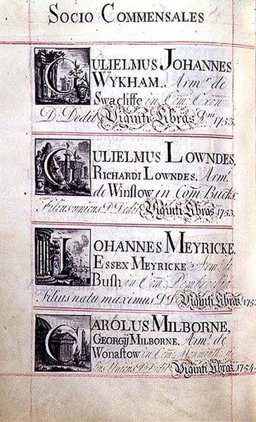 Archiv 3693 f.94v Seite mit vier Wohltätern des New College, Oxford; Gulielmus Johannes Wykham, Gulielmus Lowndes, Johannes Meyricke und Carolus Milborne von English School