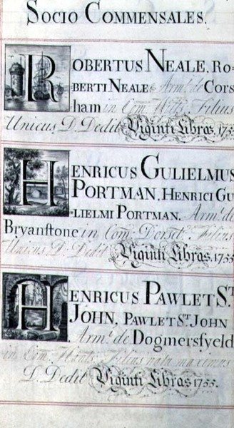 Archiv 3693 f.95 Seite mit der Auflistung von drei Wohltätern des New College, Oxford; Robertus Neale, Henricus Gulislmus Portman und Henricus Pawlet St. John von English School