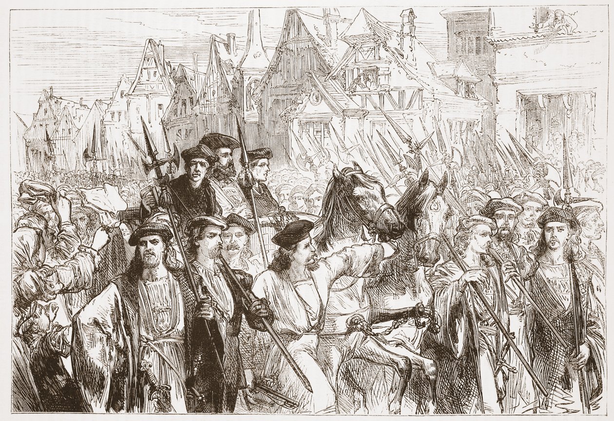 Ankunft der Wittenberger Theologen in Leipzig, Illustration aus Die Geschichte des Protestantismus von James Aitken Wylie, veröffentlicht 1878 von English School
