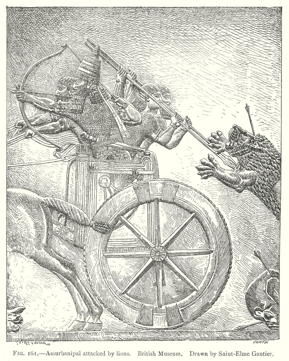 Assurbanipal von Löwen angegriffen. British Museum (Gravur) von English School