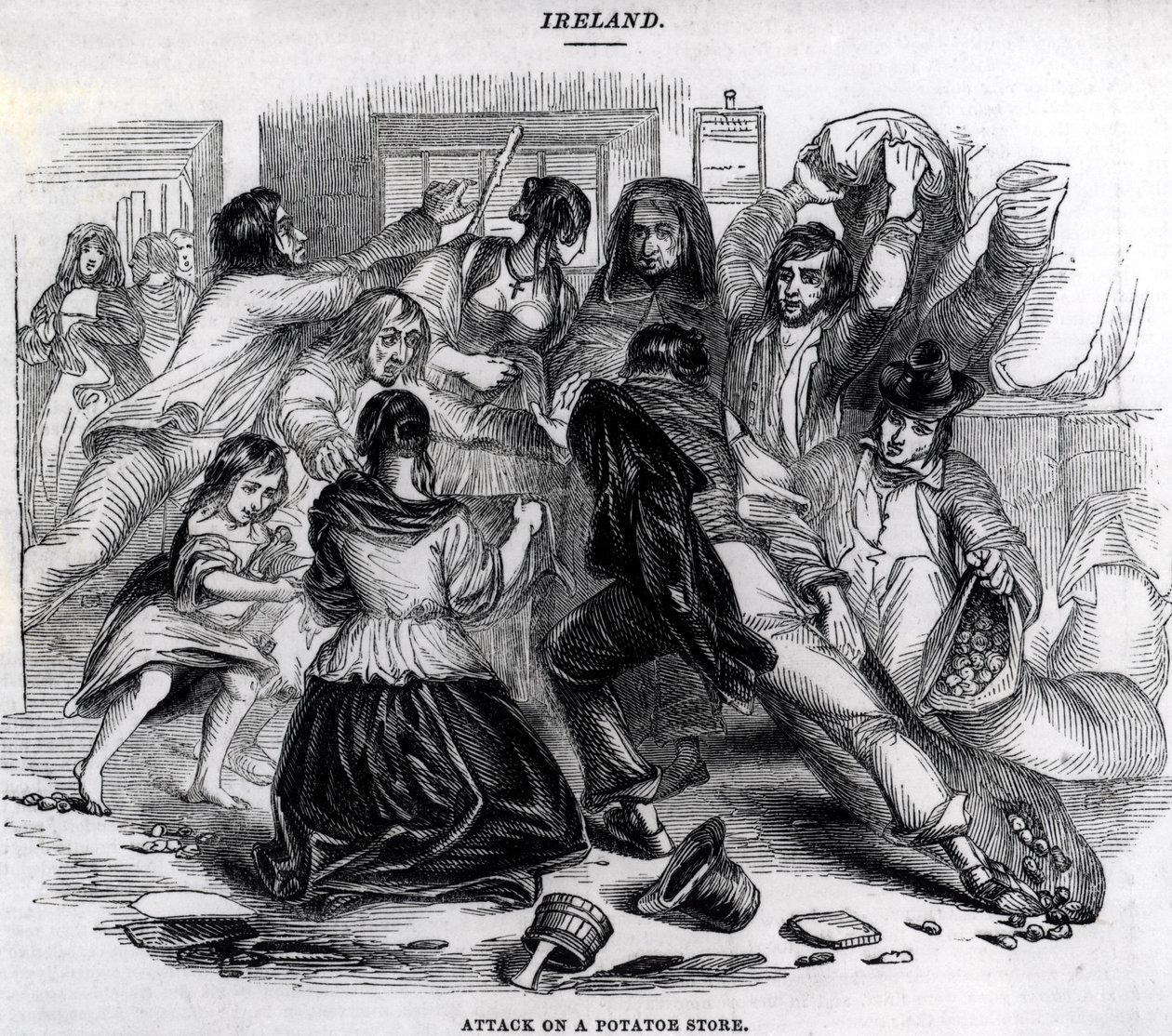 Angriff auf ein Kartoffellager in Irland, ca. 1845 von English School