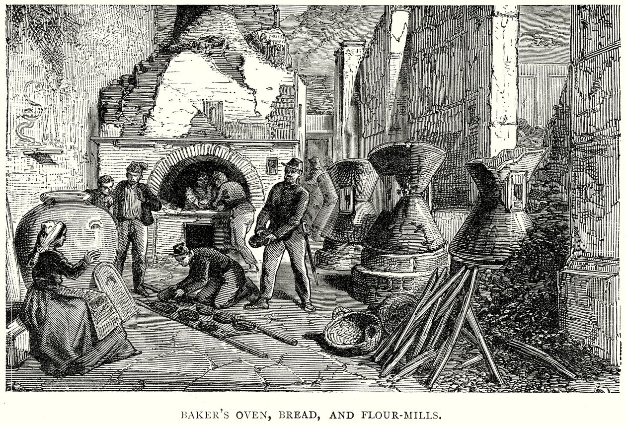 Bäckerofen, Brot und Mühlen (Gravur) von English School