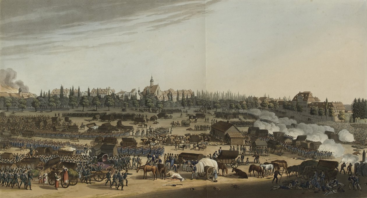 Schlacht von Leipzig, 16.-19. Oktober 1813, aus Ein illustriertes Verzeichnis wichtiger Ereignisse in den Annalen Europas in den Jahren 1812, 1813, 1814 & 1815, 1815 (Farb-Aquatinta) von English School