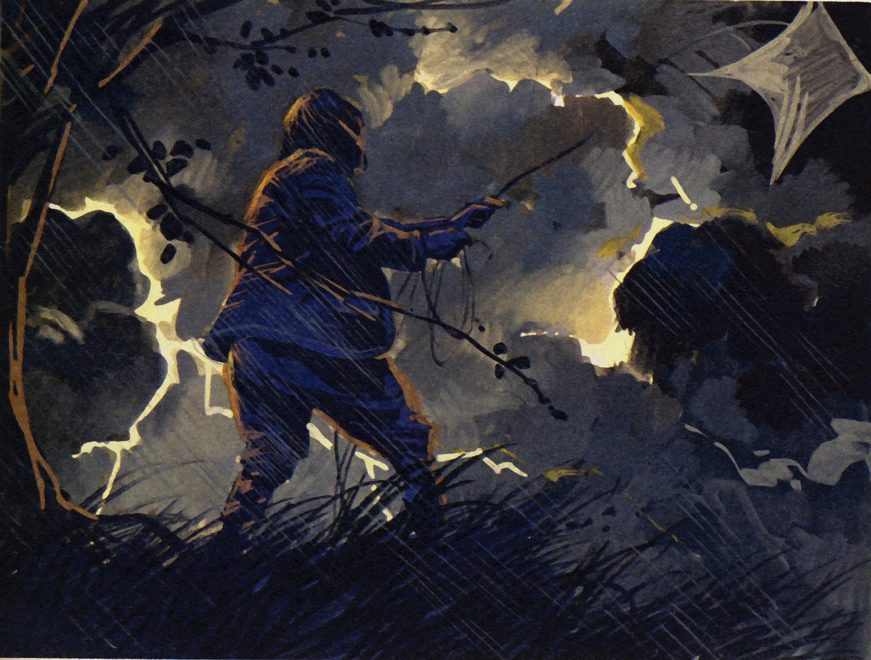 Benjamin Franklin flog einen Drachen in einem heftigen Gewitter (Farblithografie) von English School