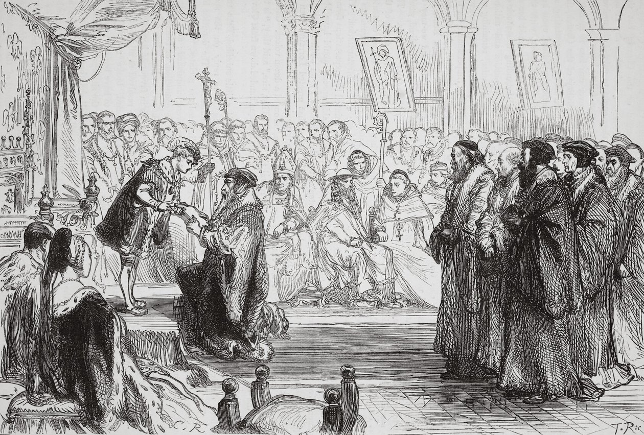 Beza überreicht dem König das Glaubensbekenntnis der französischen protestantischen Kirche beim Kolloquium von Poissy, Illustration aus Die Geschichte des Protestantismus von James Aitken Wylie, veröffentlicht 1878 von English School