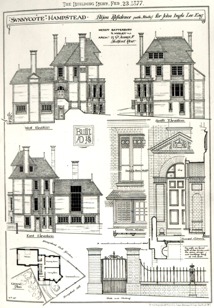 Bijou-Residenz Sunnycote, Hampstead, (mit Studio) für John Ingle Lee Esq, aus The Building News, 23. Februar 1877 von English School