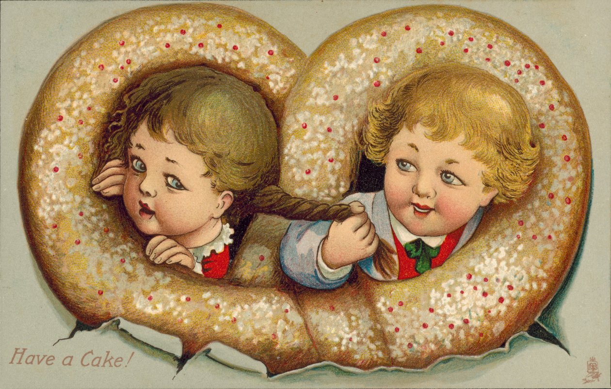 Junge und Mädchen in einem Kuchen verschlungen (Farblithografie) von English School