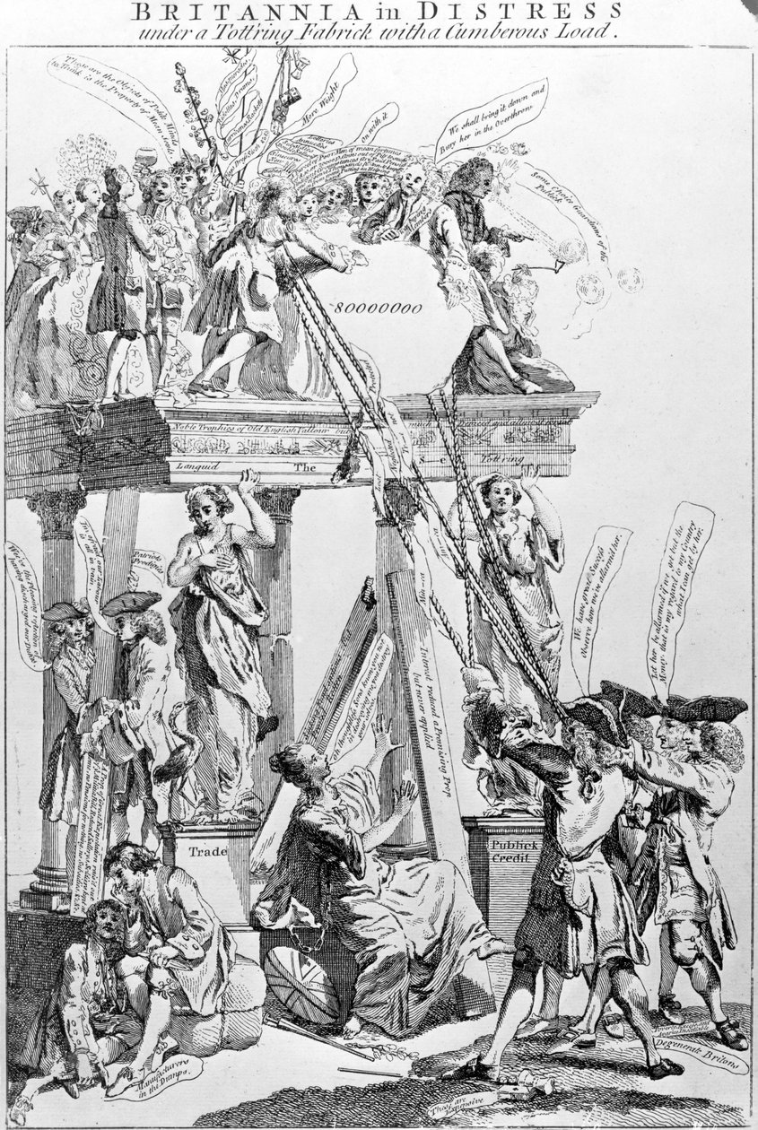 Britannia in Not unter einem wackeligen Gebäude mit einer schweren Last, um 1756 von English School