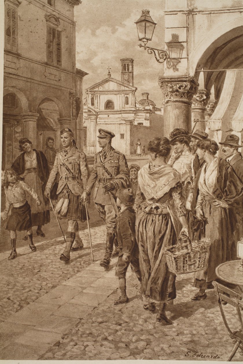 Britische Highlander werden in einer französischen Stadt willkommen geheißen, 1914-19 von English School