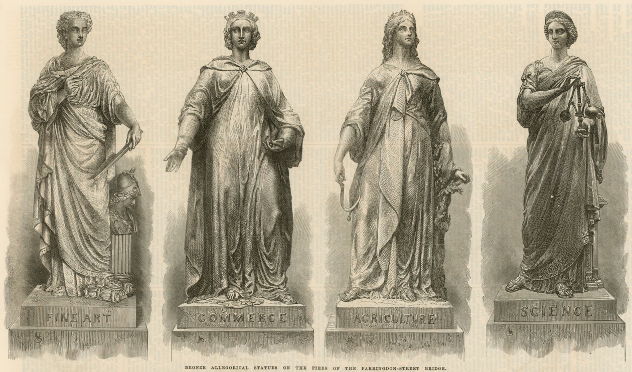 Bronzene allegorische Statuen auf den Pfeilern der Farringdon Street Bridge von English School