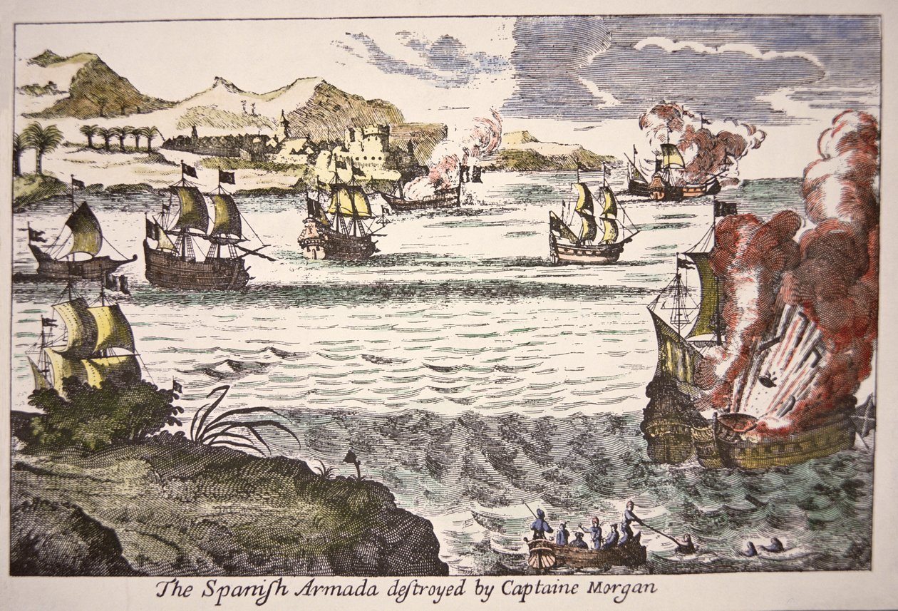 Kapitän Morgan besiegt spanische Kriegsschiffe, die die Mündung des Maracaibo-Sees 1669 blockieren von English School