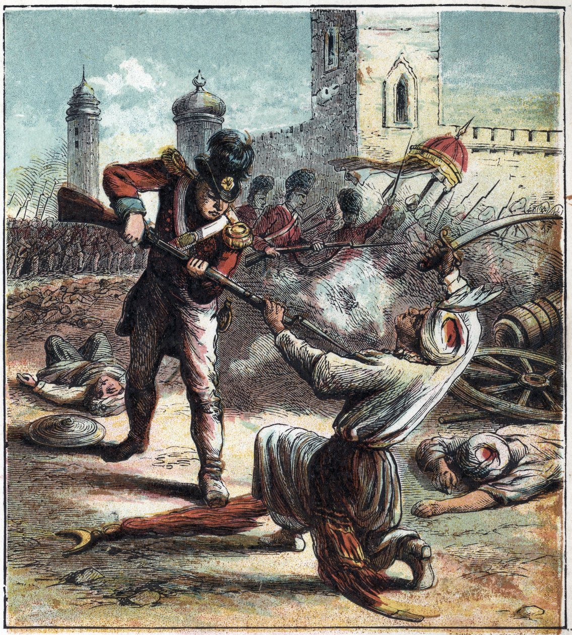 Eroberung der Stadt Seringapatam (oder Srirangapatna), Hauptstadt von Mysore (Maissour) in Indien durch die britische Armee unter dem Kommando von Herzog Arthur Wellesley von Wellington (1769-1852) im Jahr 1799. Dieses Ereignis markierte das Ende des Anglo von English School