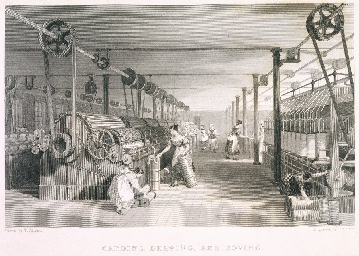 Kardieren, Zeichnungen und Roving-Textilien (Gravur) von English School