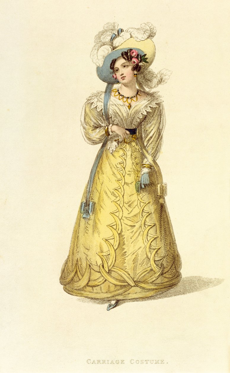 Kutschenkostüm, Modeplatte aus Ackermanns Repository of Arts, ca. 1827 von English School