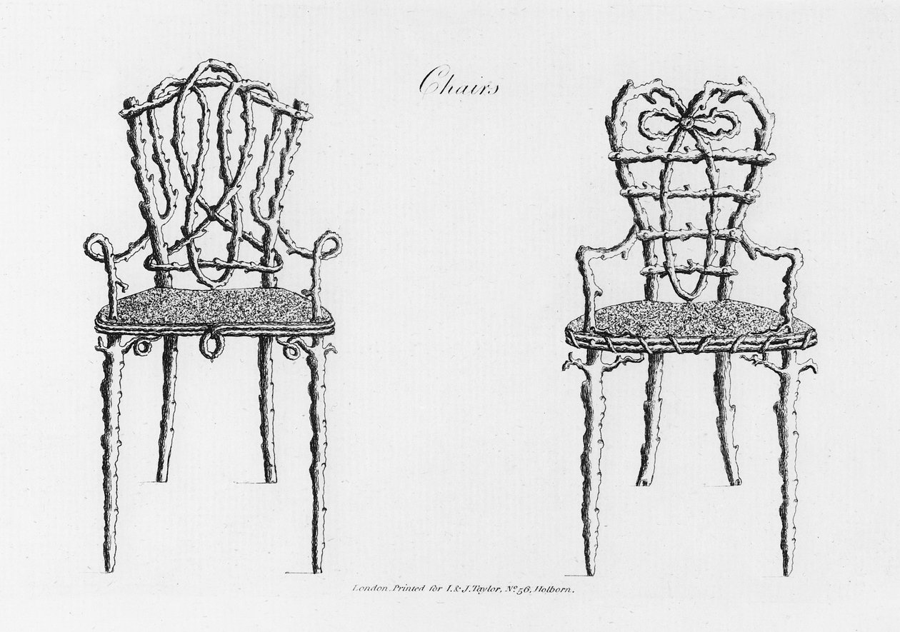 Stühle, aus Grotesque Architecture, or Rural Amusement, von William Wrighte, veröffentlicht 1768 von English School