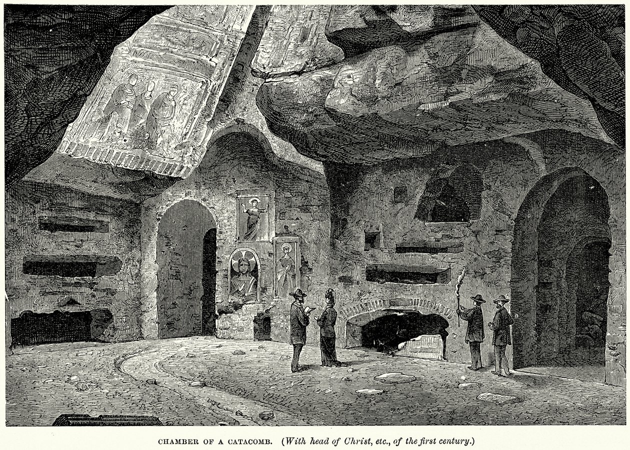 Kammer einer Katakombe (Mit Kopf Christi, etc., aus dem ersten Jahrhundert) von English School