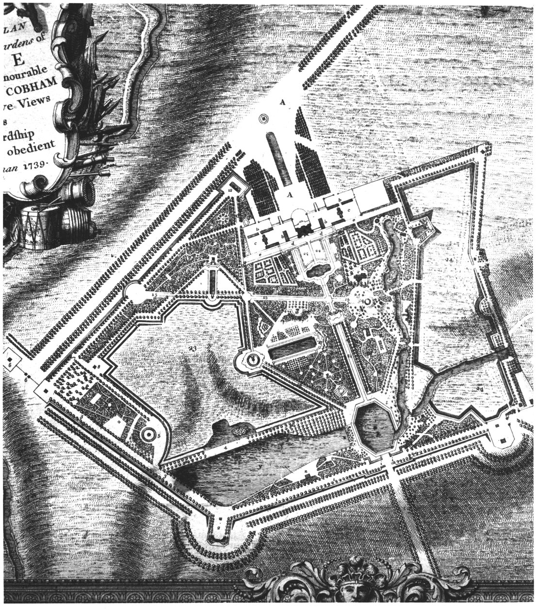 Charles Bridgemans (fl.1713-38) Plan für die Stowe Gardens, aus einem Buch über Ansichten von Stowe, veröffentlicht von Mrs. Charles Bridgeman im Jahr 1739 von English School