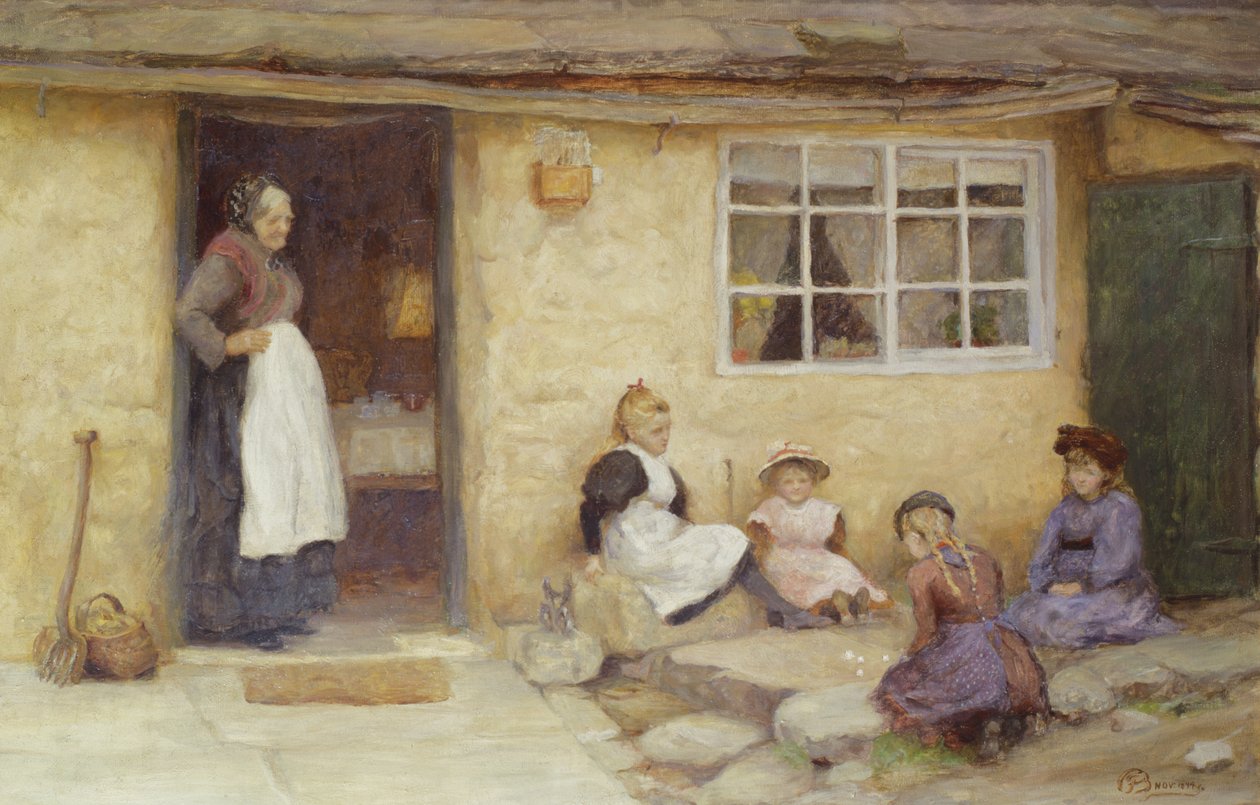 Kinder spielen Würfel vor einem Cottage von English School