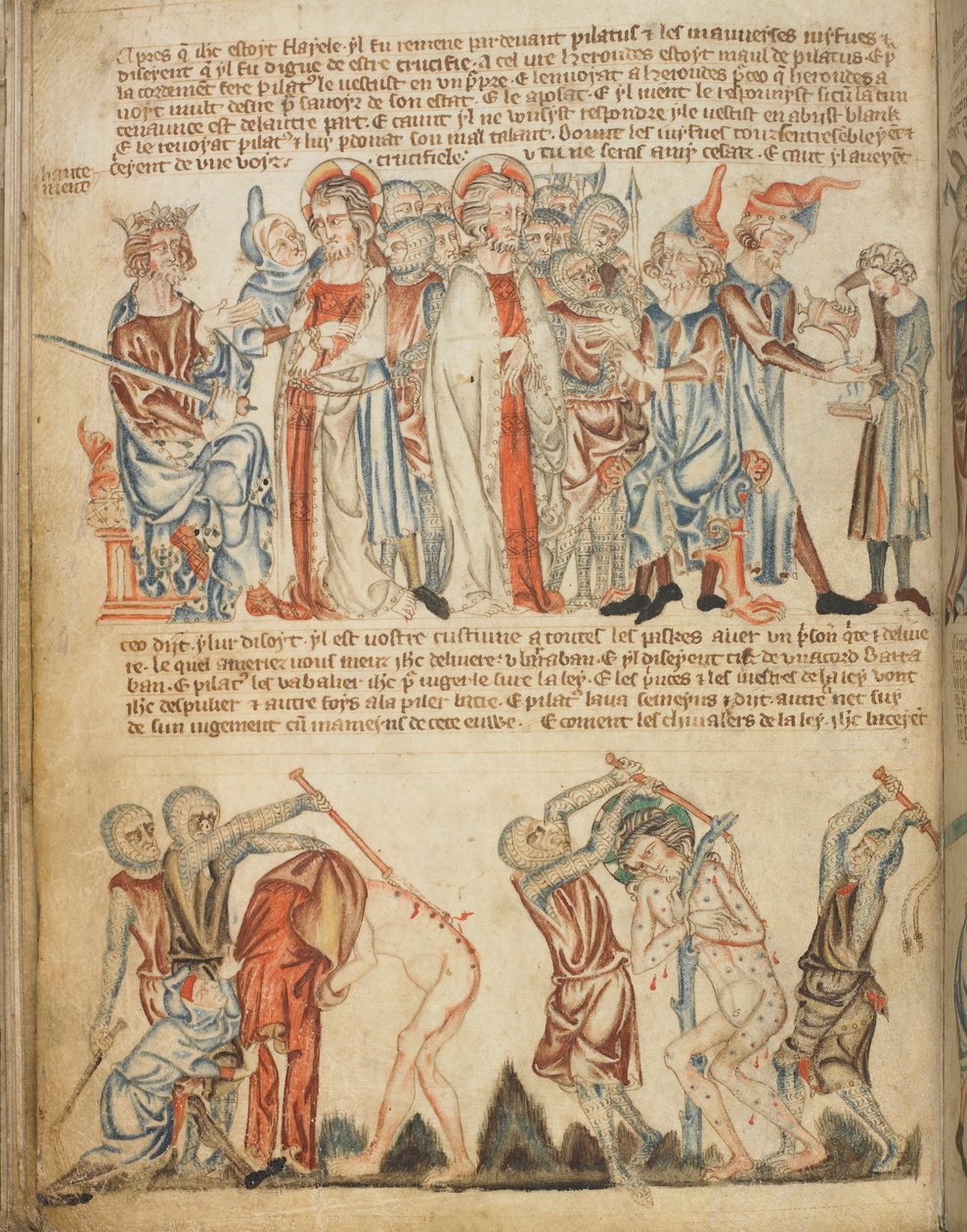 Christus vor Herodes und vor Pilatus; Herodes wäscht seine Hände; die Geißelung Christi, Add. 47682, f.30v, ca. 1320-30 von English School