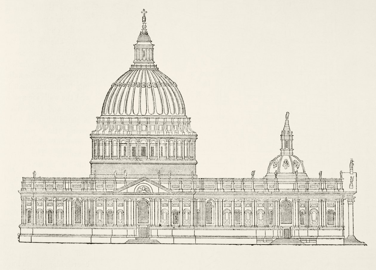 Christopher Wrens erster Entwurf für die neue St. Pauls Kathedrale nach dem Großen Brand von London, aus The National and Domestic History of England von William Hickman Smith Aubrey (1858-1916), veröffentlicht in London von English School