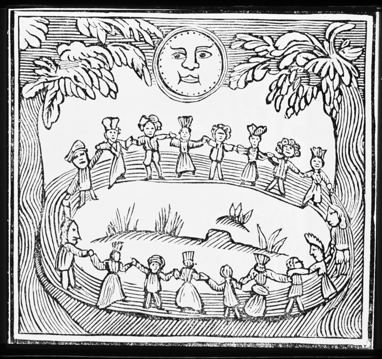 Kreis von Hexen, die unter einem Vollmond tanzen, Illustration aus einer Sammlung von Heftromanen über Esoterik von English School