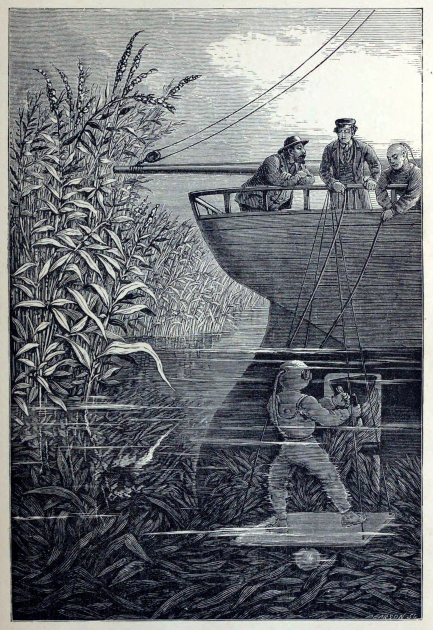 Reinigung der Schraube, aus Unter den Wellen oder Tauchen in tiefen Gewässern, veröffentlicht 1887 von English School